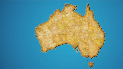 A map of Australia showing Indigenous language groups, set against a bright blue backdrop