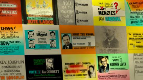 A montage of colourful glass cinema slides advertising political candidates at elections