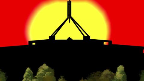 An animation cell showing a silhouette of Australia's parliament house in Canberra set against a background of a bright sun, red sky and black earth which is meant to represent the Aboriginal flag.