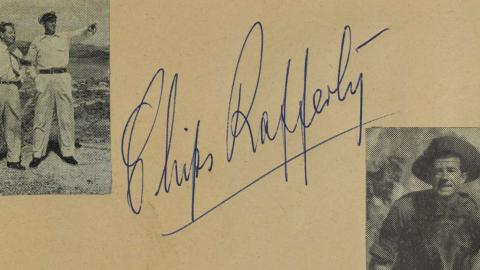 A page out of a 1950s autograph book with Chips Rafferty's signature and two small photos of him