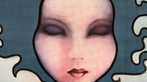 cropped Polish film poster for Picnic at Hanging Rock showing girls face with eyes closed