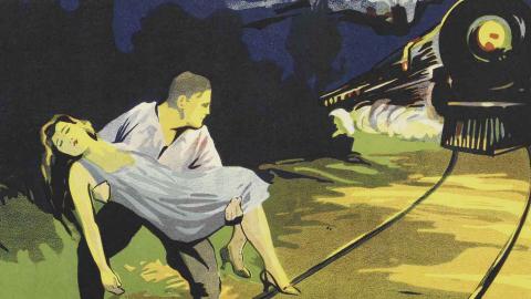 Detail from a 1928 film poster showing a man carrying an unconscious woman across railway tracks in the path of an oncoming train