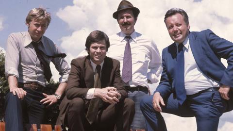 A posed publicity still of the cast members of the final season of the TV show Homicide, in 1974: Dennis Grosvenor, Gary Day, Don Barker and Charles Tingwell