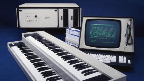 The Fairlight sampling synthesizer showing keyboard and user display monitor.