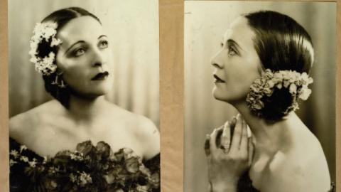 Double sepia head and shoulders portrait of a woman with flowers in her hair