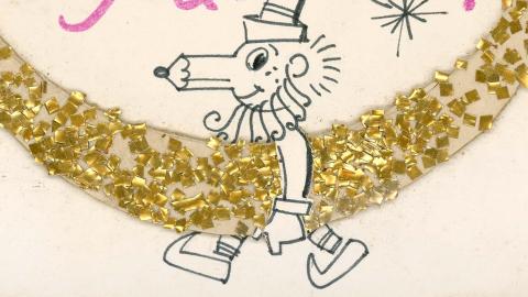 Detail from a hand-drawn Christmas card showing Mr Squiggle carrying a golden glittery moon