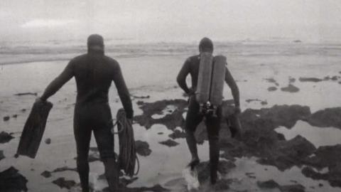 Two navy divers search for the missing prime minister, Harold Holt, along the Victorian coastline