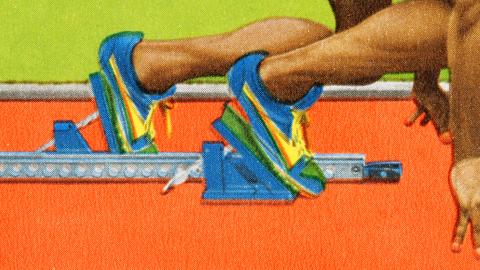 Colourful graphic image of athlete's legs and feet in the starting blocks of a race.
