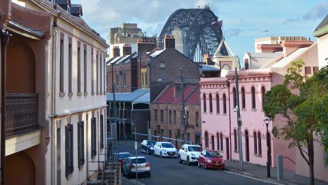 View of the top of Sydney Harbour bridge from the end Gloucester Street in The Rocks.