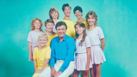 Eight children from the Young Talent Time team are pictured with Johnny Young in the centre. It is a studio shoot. Featured: Vanessa Windsor, Beven Addinsall, Greg Poynton, Vince Del Tito, Dannii Minogue, Karen Dunkerton, Katie Van Ree, Joey Perrone