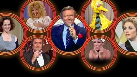 Different images of people. Each in a circle. Clockwise from left: Sigourney Weaver, Bette Midler, Mike Walsh, Big Bird, Ita Buttrose, Jeanne Little and Johnny Cash.