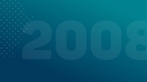 Graphic with gradient colours of teal and blue and the year 2008 and a series of dots partially over the top.