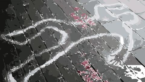 A drawing of a chalk outline of a body on a floor that has been made to look like a crime scene. 