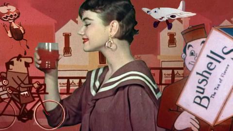 A collage of different advertising images including a man on a bicycle, Louie the Fly, a smiling cartoon aeroplan and a man holding a box of Bushell's tea surround a large image of a woman drinking orange soda.