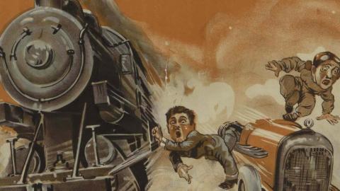 Detail from a 1929 film poster showing a man jumping between a train and a speeding car, while a man rides on top of the car