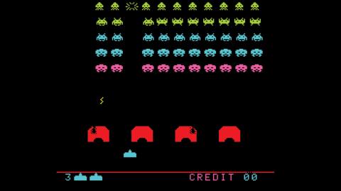 Computer graphics of Space Invaders computer screen.