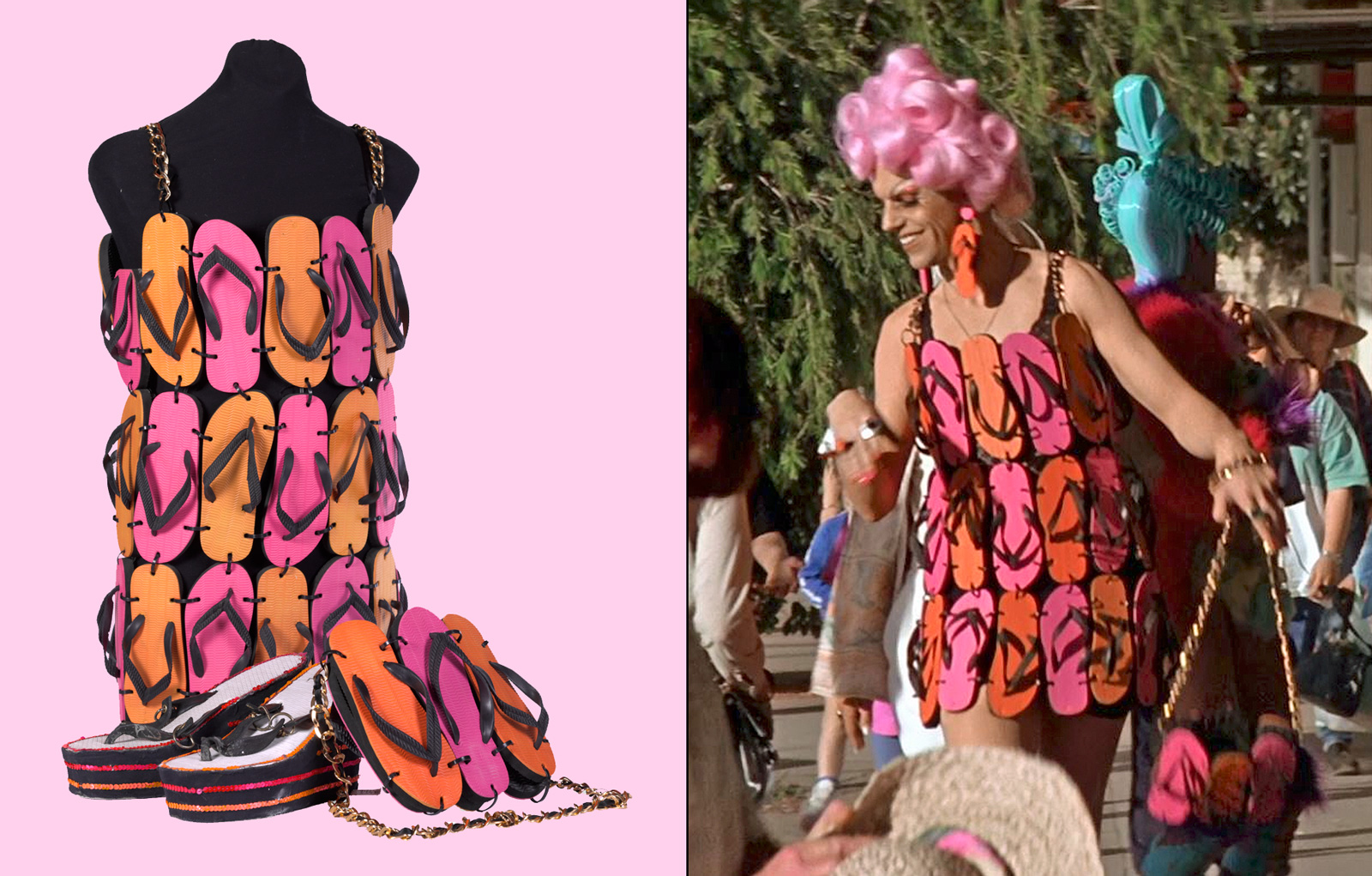 Side by side images. On the left a dress on a mannequin made out of pink and orange rubber thongs. On the right is a still from Priscilla Queen of the Desert showing Hugo Weaving wearing the dress with a pink wig in a crowded street.